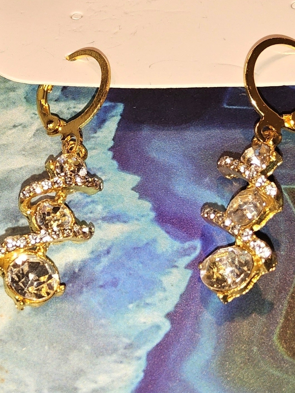 Gold Rhinestone Wave Dangle Earrings – Leverback Drop - Picture 3 of 4